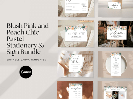 Blush Pink and Peach Chic Pastel Wedding Stationery and Sign Templates
