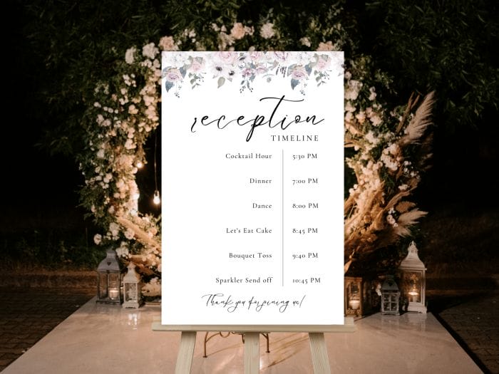 Dreamy Violet Blush Wedding Reception Timeline Program Sign 2