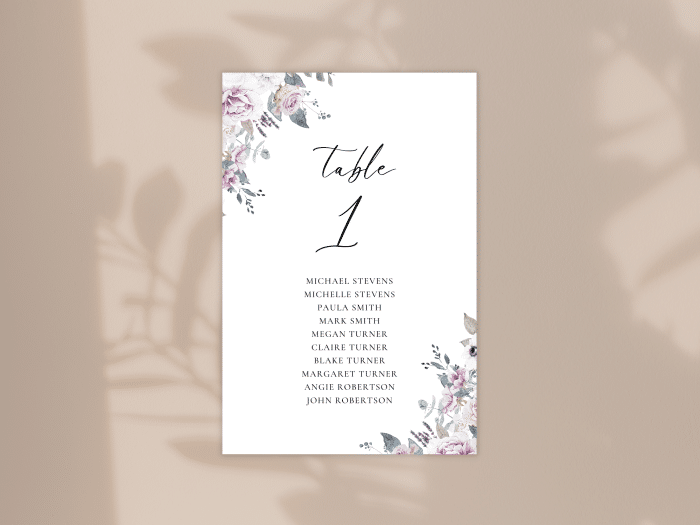 Dreamy Violet Blush Wedding Table Seating Card