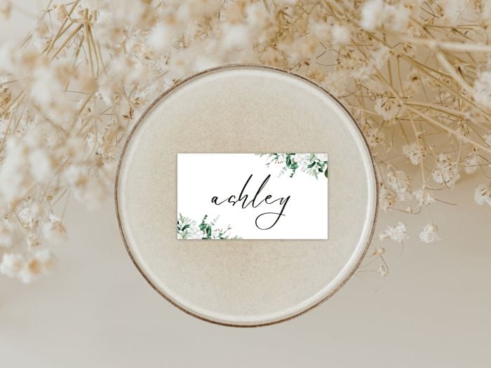Lush Organic Green And White Wedding Name Card 3