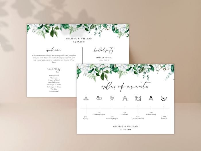 Lush Organic Green And White Wedding Program Card 3