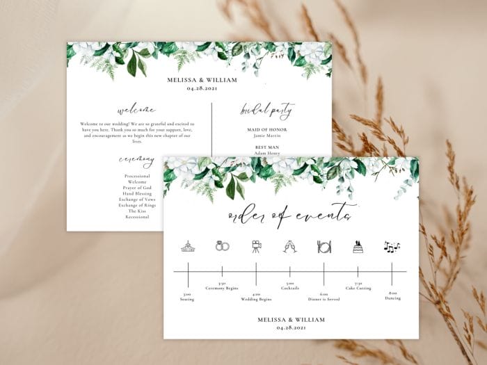 Lush Organic Green And White Wedding Program Card