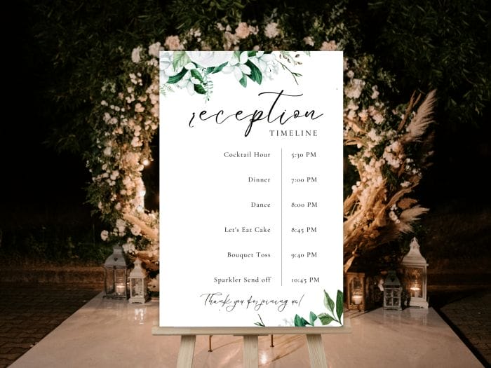Lush Organic Green And White Wedding Reception Timeline Program Sign 2
