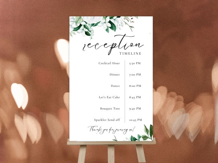 Lush Organic Green And White Wedding Reception Timeline Program Sign