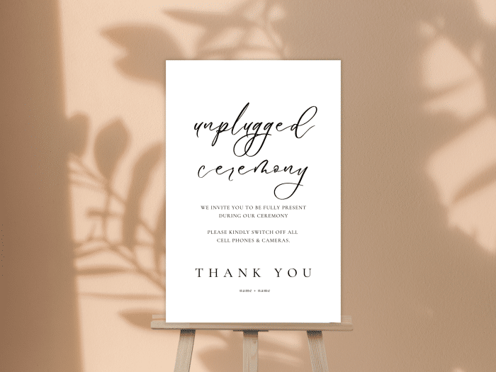 Minimalist Black And White Wedding Unplugged Ceremony Sign Vertical