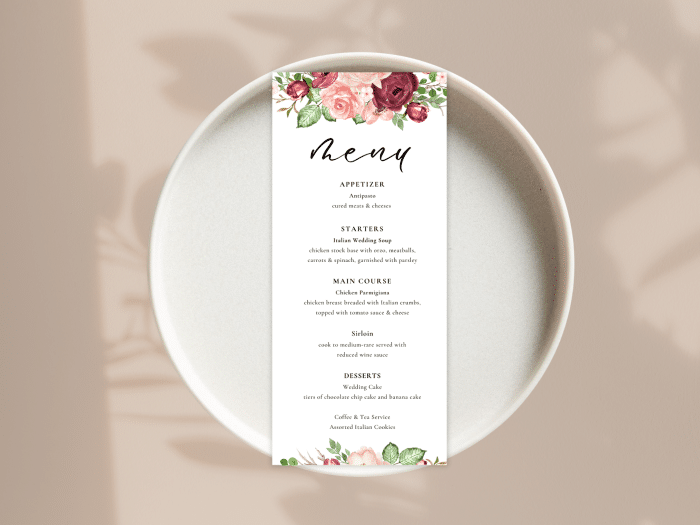 Romantic Burgundy Blush Fall Wedding Dinner Menu Card Stationery
