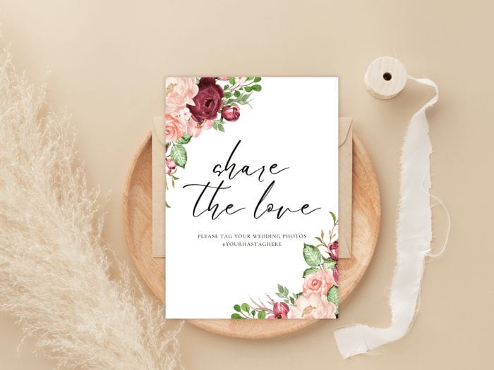 Romantic Burgundy Blush Fall Wedding Hashtag Stationery Card