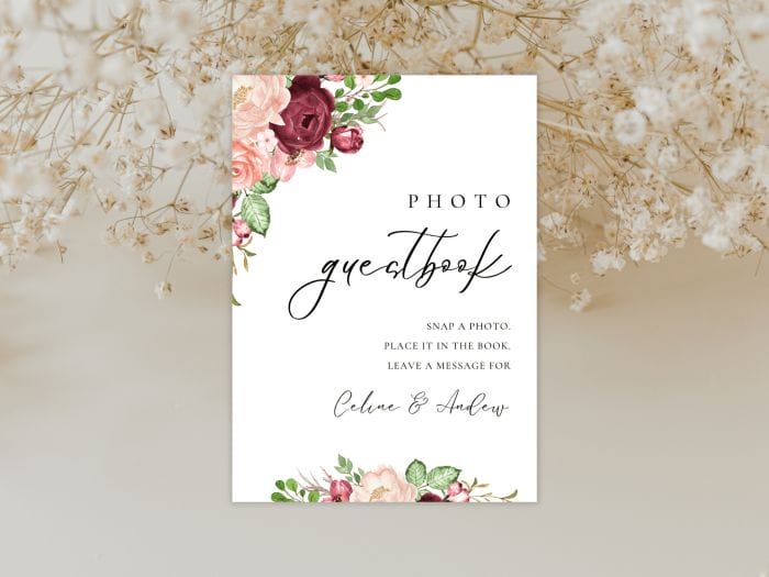 Romantic Burgundy Blush Fall Wedding Photo Guest Book Stationery Card
