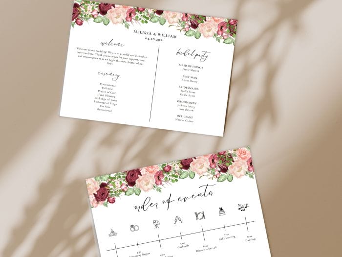 Romantic Burgundy Blush Fall Wedding Program Card Stationery 2