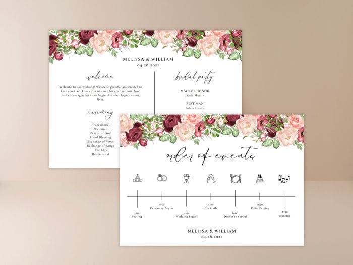 Romantic Burgundy Blush Fall Wedding Program Card Stationery 3