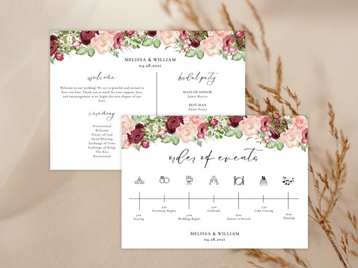 Romantic Burgundy Blush Fall Wedding Program Card Stationery