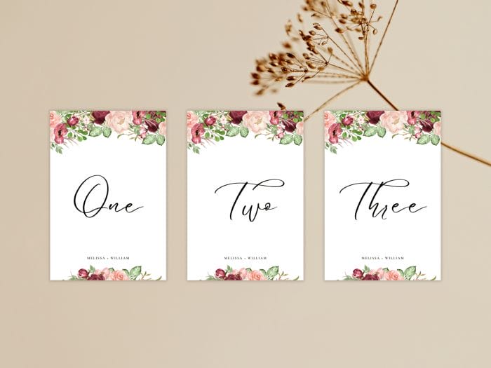 Romantic Burgundy Blush Fall Wedding Table Number Words Stationery