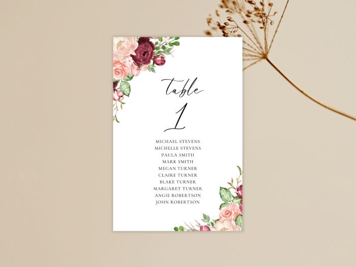 Romantic Burgundy Blush Fall Wedding Table Seating Card 2