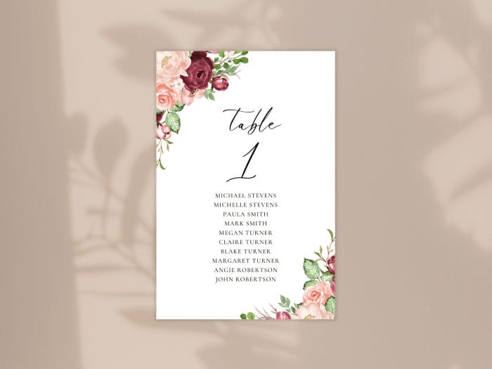 Romantic Burgundy Blush Fall Wedding Table Seating Card