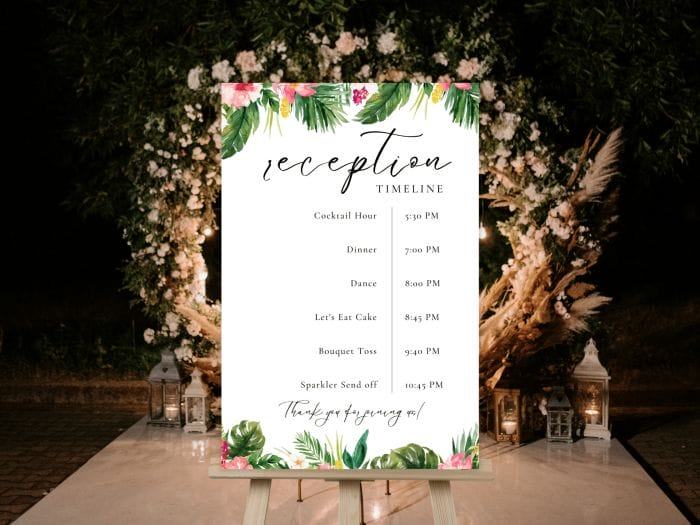 Tropical Beach Wedding Reception Timeline Program Sign 5