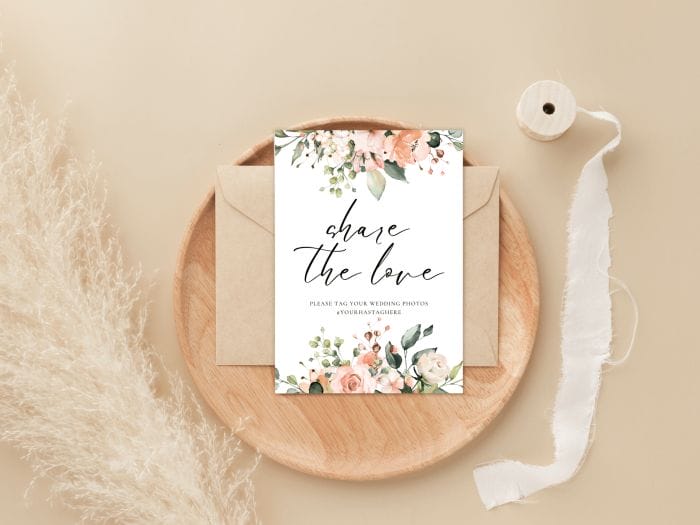 Whimsical Peach Coral Wedding Hashtag Stationery Card