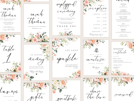 Whimsical Peach & Coral Wedding Stationery • Signs