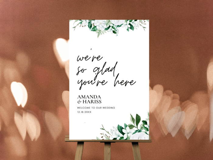 Lush Organic Green and White Wedding So Glad You Are Here Welcome Sign - Image 2