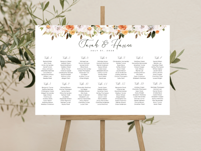 Terracotta Boho Autumn Wedding Horizontal Seating Chart