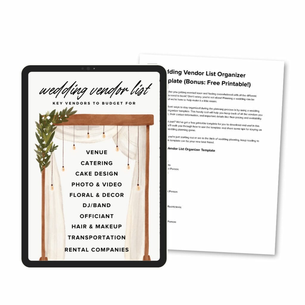 Wedding Vendor List Organizer Template With Free Printable