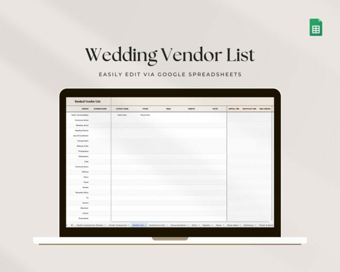Wedding Vendor List Spreadsheet Planner