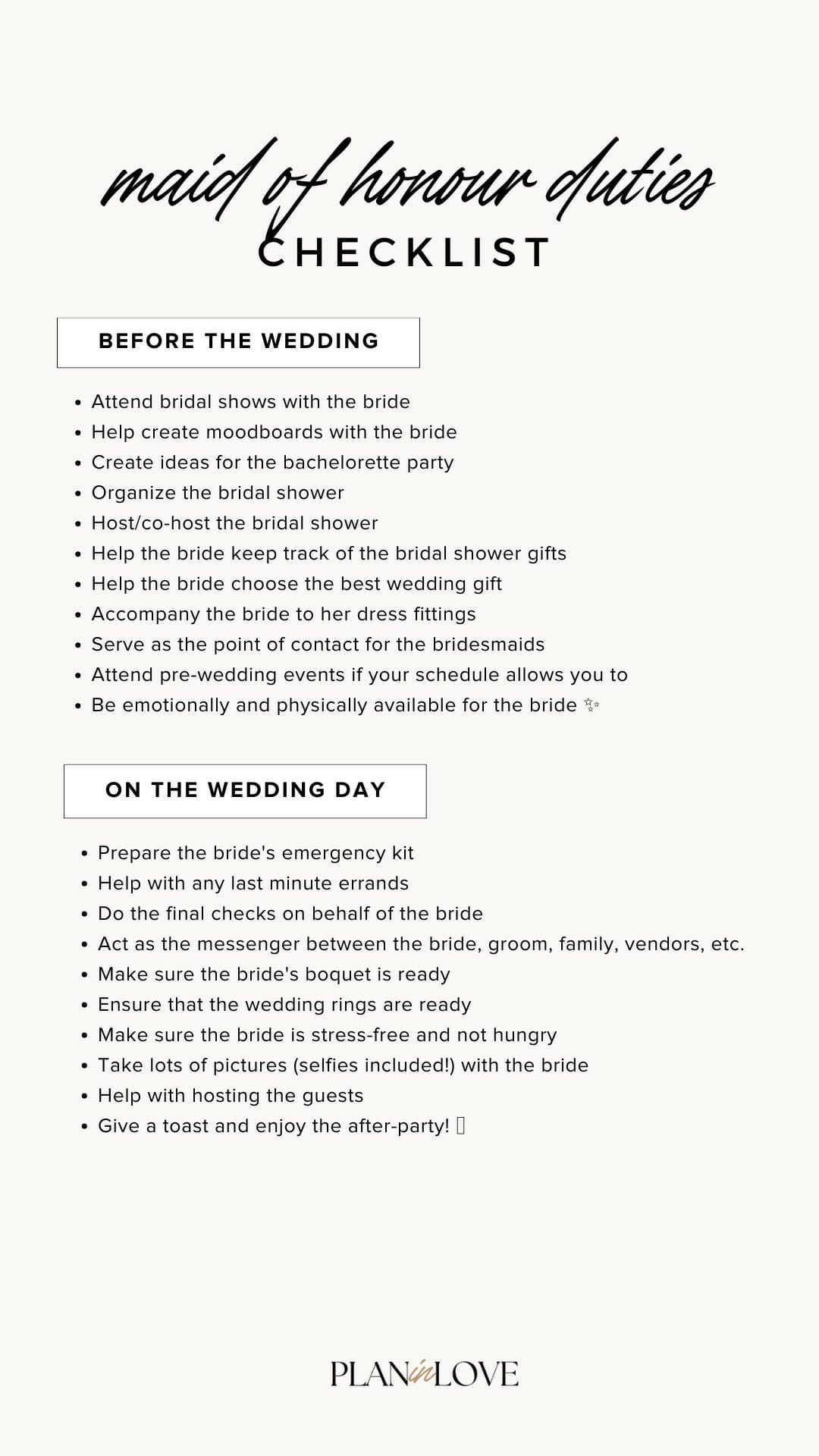 maid of honour duties