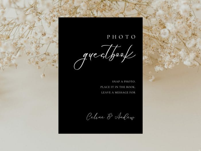 White On Black Wedding Photo Guest Book Stationery Card