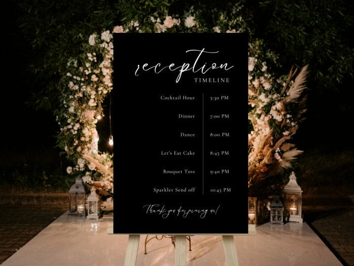 White On Black Wedding Reception Timeline Program Sign 2