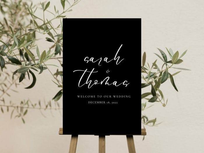 White On Black Wedding Welcome Sign Vertical 2