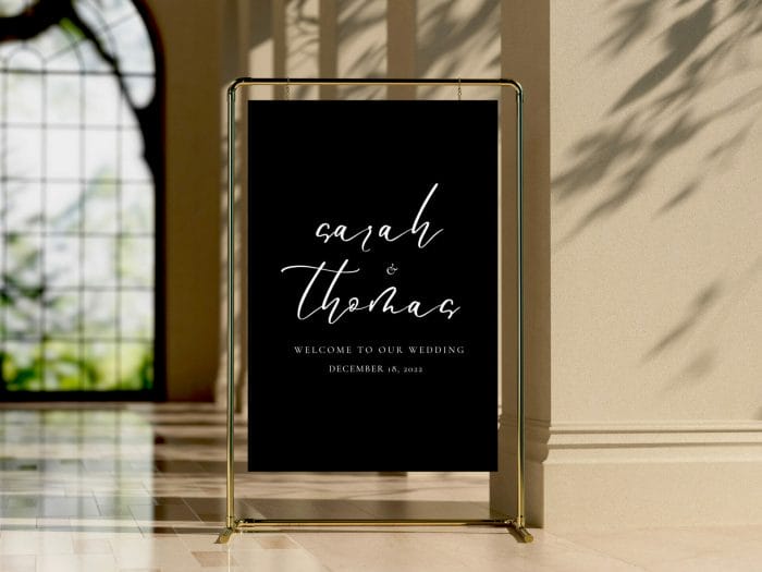 White On Black Wedding Welcome Sign Vertical