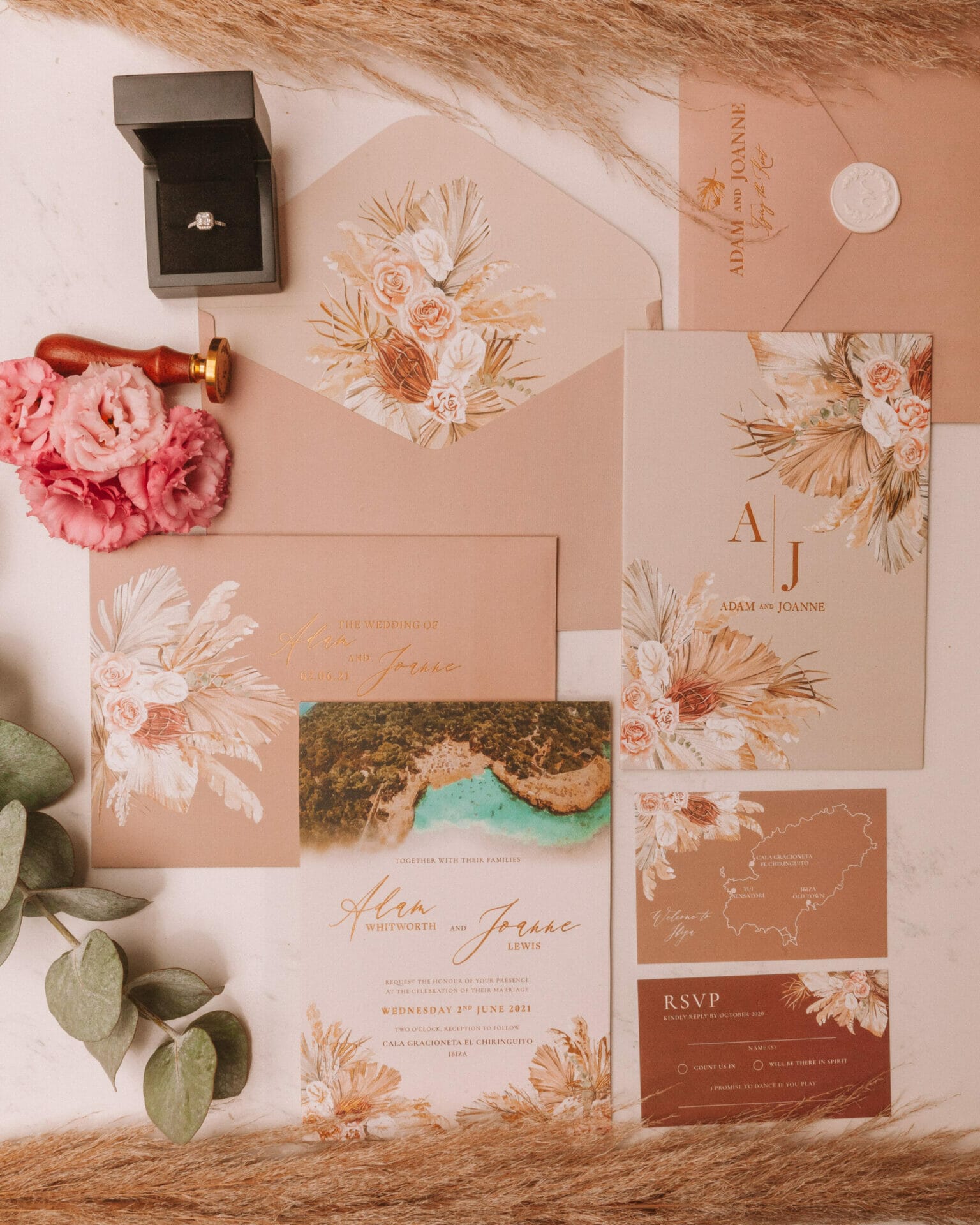 pampas wedding invitation stationery rsvp details card
