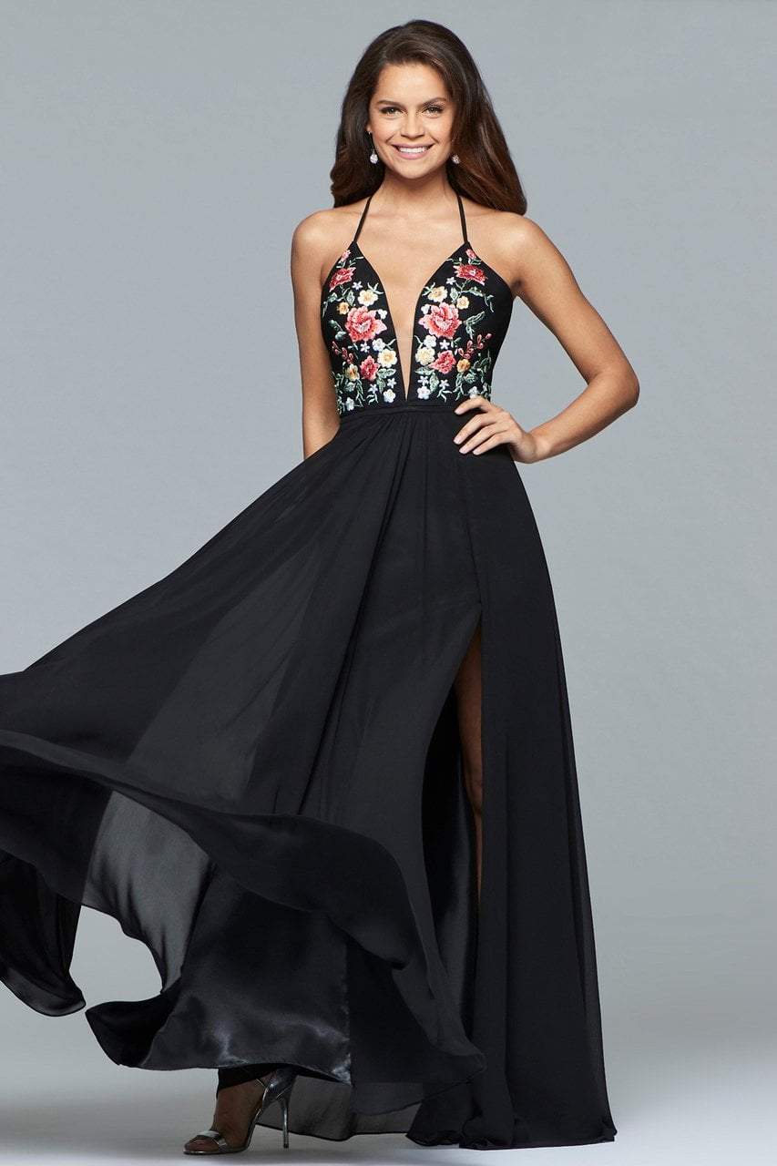 Faviana 10000 Plunging Floral Embroidered Chiffon Gown Prom Dresses 0 Black 29066454499411